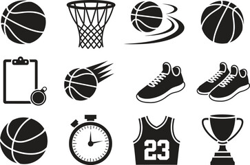 Basketball icon set, sports equipment and game symbols, flat black vector illustration isolated on white background