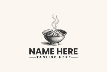 A black and white illustration of a steaming bowl with a customizable logo template on a clean background, featuring a vector design with a tagline.