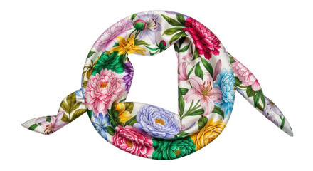 White silk scarf with colorful floral pattern fabric