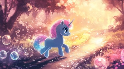 Magical unicorn walks a path through a whimsical forest filled with colorful bubbles.