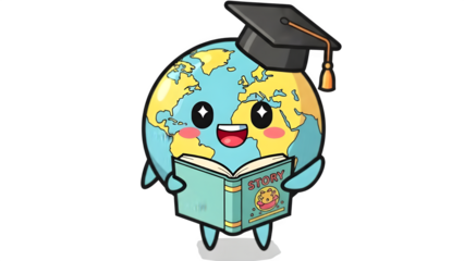 A cartoon Earth wearing a graduation cap reads a study book happily outside