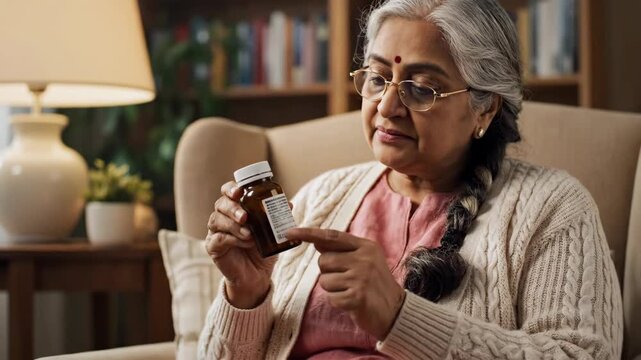An elderly Indian woman carefully reads the label on a medicine bottle. A senior citizen checks her prescription and dosage instructions at home. Healthcare for the elderly concept