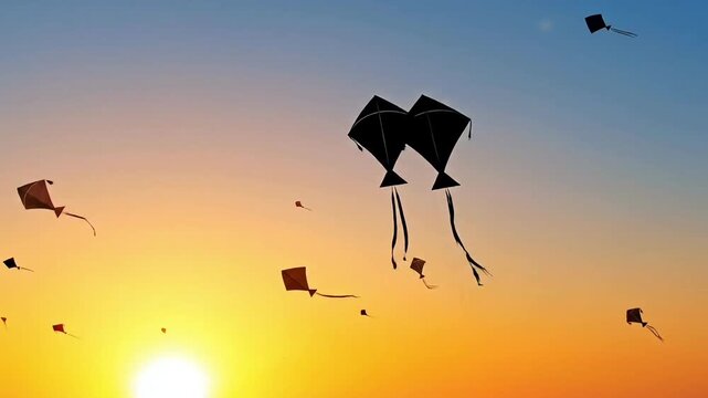 Harvest festival themed kite flying video at sunset sky with colorful kites moving in wind representing Lohri Makar Sankranti Pongal seasonal joy freedom and cultural celebration