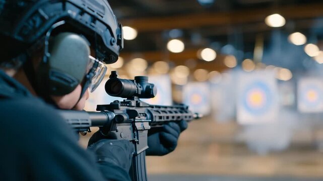 Professional marksman at indoor range, rifle aimed carefully, protective gear worn, bullseye target highlighted in frame, conveying skill, focus, and controlled precision