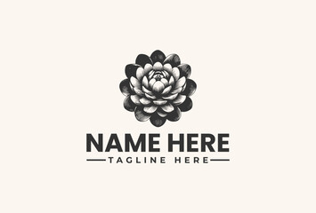 A minimalist logo design featuring a stylized flower icon with petals in a monochromatic color scheme on a beige background with space for a custom name and tagline.