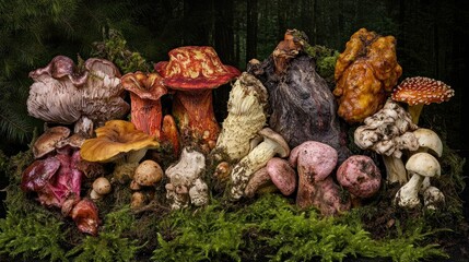 Forest mushrooms, various colors and textures, on moss