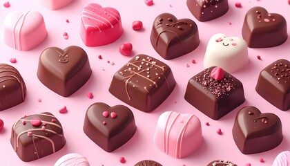 パステルピンクに映える可愛い顔付きチョコレートの詰め合わせ：バレンタインやSNS向け背景素材