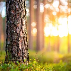 Obraz premium Pine tree trunk in a sunlit forest