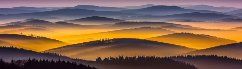 A breathtaking landscape of rolling hills bathed in soft golden and purple hues, creating a serene and tranquil atmosphere.