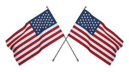 Two american flags crossed elegantly representing unity and patriotism on a solemn black background isolated on transparent background