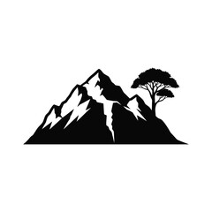 Minimalist mountain peak and tree vector illustration, nature silhouette isolated on white.