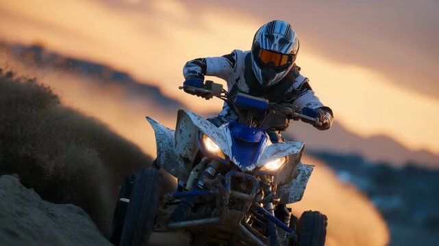 Side view of ATV rider driving aggressively through sand dunes at sunset, helmet reflecting orange light, sand spraying dramatically, conveying thrill and extreme outdoor activity