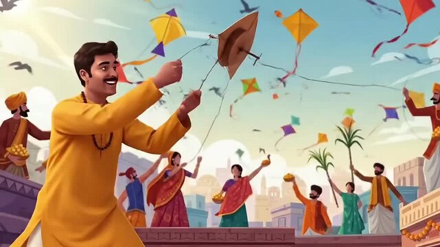 Makar Sankranti kite flying festival illustration animation with families on rooftops colorful kites sweets sugarcane harvest celebration joyful cultural lifestyle video