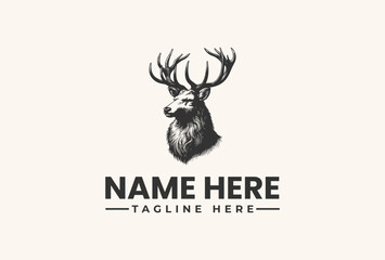 A black and white illustration of a deer head logo with antlers on a beige background, featuring placeholder text for a name and tagline in a simple, iconic design.
