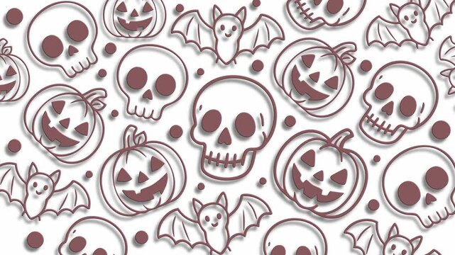 Spooky halloween pattern with pumpkins skulls and bats line art