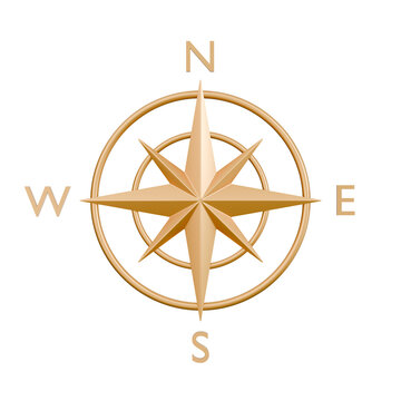 Front view of a golden compass rose with cardinal directions, perfectly centered and symmetrical, isolated on a transparent background, navigation and direction concept.