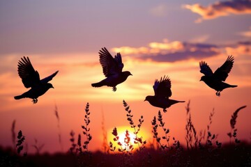 Silhouetted birds soar against a vibrant sunset, surrounded by tall grass, creating a serene and beautiful natural scene.