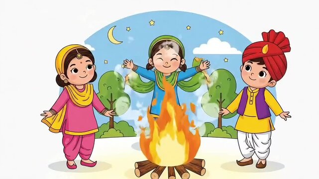 Lohri festival children dancing illustration animation with bonfire kites harvest season joyful cultural celebration winter lifestyle video
