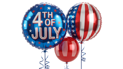 Festive fourth of july celebration balloons with patriotic american flag designs isolated on transparent background