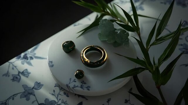 Elegant Jade Ring and Carved Horse Sculpture with Delicate Bamboo Leaves in Soft Sunlight