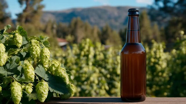 Sunny farm scene with amber beer bottle in the foreground, rows of vibrant hop plants in background, cones glowing under harvest-season sun, emphasizing natural ingredients