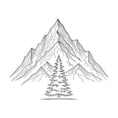 Minimalist line art mountain range with fir tree sketch, hand-drawn nature landscape vector.