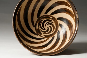 Ceramic bowl with spiral pattern in alternating brown and beige stripes