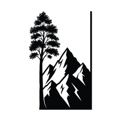 Geometric mountain peaks with tall pine tree in rectangular border, flat black silhouette design.