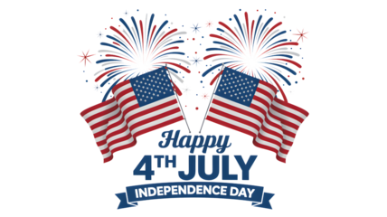 Happy independence day with american flags and festive fireworks display isolated on transparent background