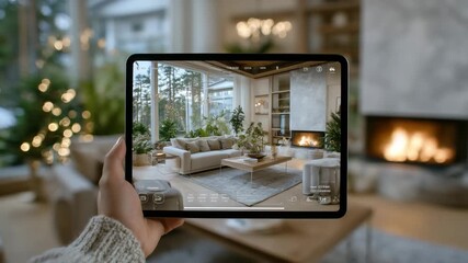 Tablet held in hand shows interactive virtual tour of cozy modern living room, glowing fireplace and comfortable sofa highlighted, digital interior design concept emphasized - Powered by Adobe