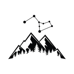 Modern geometric mountain peaks with night sky stars illustration, flat black zodiac emblem.