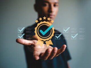 Man presenting award badge with multiple checkmarks stars golden