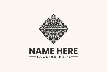 A black and white vector illustration of an ornate logo design with a central floral pattern and placeholder text on a beige background.