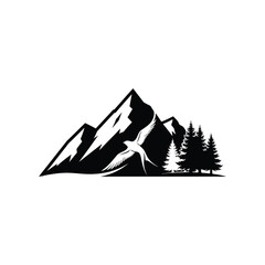 Minimalist mountain range with pine forest and flying bird silhouette, nature landscape vector.
