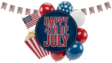 A joyful happy 4th of july celebration with patriotic balloons, flag, bunting, and popcorn isolated on transparent background