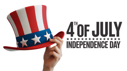 Patriotic uncle sam hat held by hand celebrating 4th of july independence day isolated on transparent background