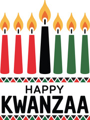 Seven lit Kwanzaa candles red black green with happy Kwanzaa text celebration holiday
