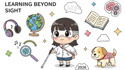 A girl with visual impairment learns with assistance from a guide dog outdoors