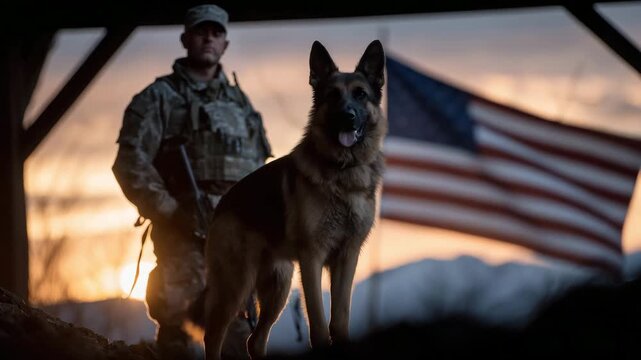 Veteran soldier standing tall with a loyal German Shepherd by his side, silhouetted against a glowing sunset, the US flag waving behind them, symbolizing patriotism, service, and s