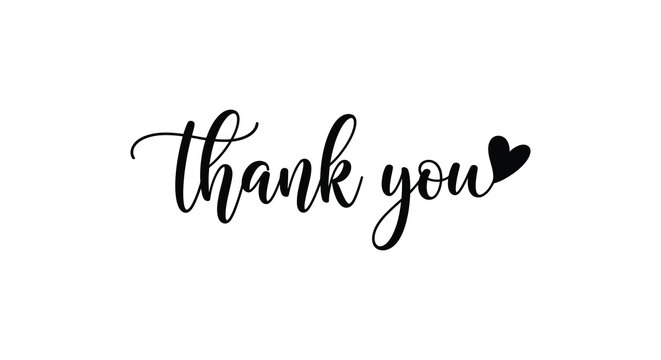 A decorative script calligraphy design featuring the words thank you with a heart illustration