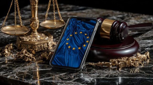 Vivid still-life featuring a smartphone with the EU flag displayed on its screen, arranged with a gavel and brass scale fragments on dark marble, symbolizing European tech legislat