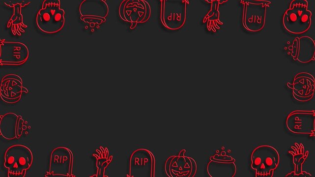 Dark red neon halloween border with skulls and spooky cauldrons