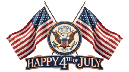 Happy 4th of july celebration with waving american flags and a majestic eagle emblem isolated on transparent background
