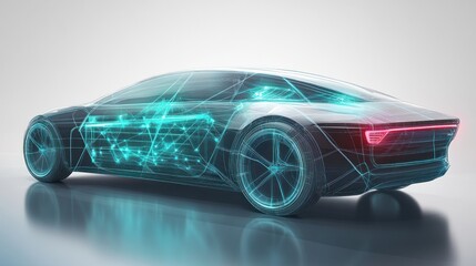 Futuristic electric car with glowing internal structure.