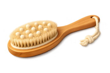 Wooden dry brush with transparent background, body care and exfoliation
