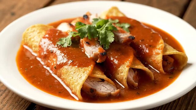 Delicious enchiladas covered with sauce and cilantro garnish on plate