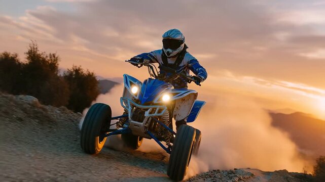 Wide-angle view of quad bike rider kicking up dust on desert trail, sun setting in warm hues behind, highlighting freedom, adrenaline, and active motorsport lifestyle