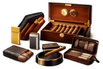 Cigars and Accessories on a transparent background for design work.