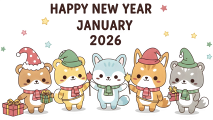 Cartoon animals celebrate New Year with gifts and hats in a festive scene Image reference