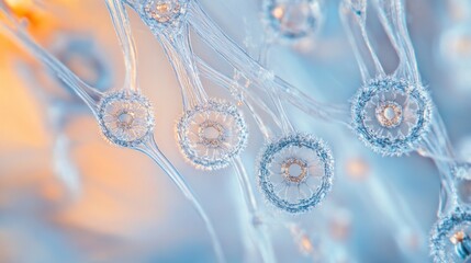 Abstract microscopic view of intricate, translucent, spherical structures connected by delicate, transparent strands.